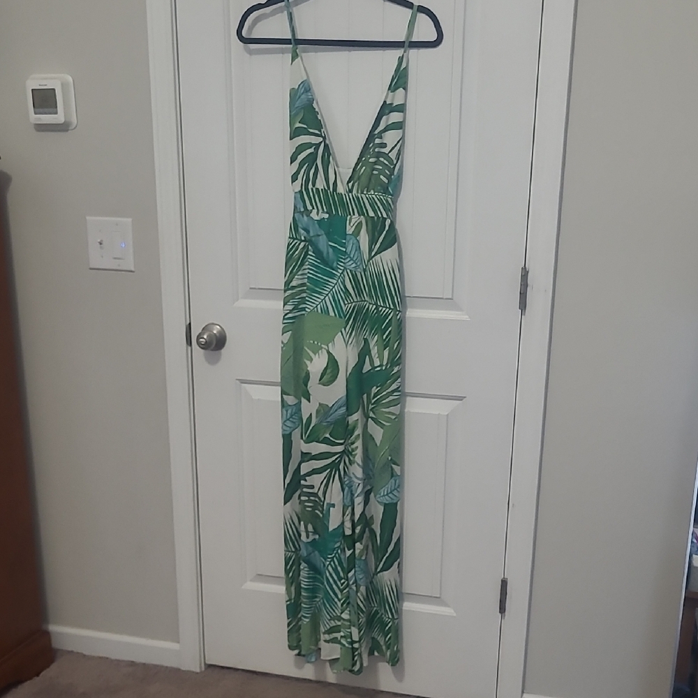 Tropical Green Palm Print Boho Resort Maxi Jumpsuit Surplice Deep V Neck